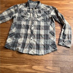 Vintage BKE Gray and Brown Plaid Button-Down Shirt size LARGE